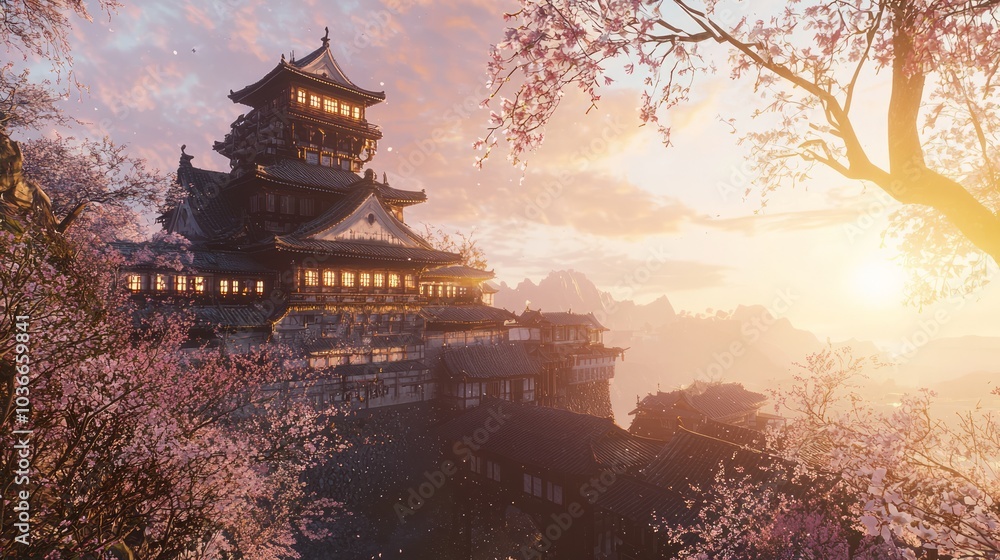 Majestic Medieval Japanese Castle at Sunset with Cherry Blossoms in Foreground Majestic Medieval Japanese Castle at Sunset with Cherry Blossoms in Foreground