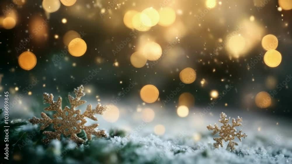 Golden Snowflakes and Bokeh Create Festive Winter Wonderland with Serene Snowy Scenes Golden Snowflakes and Bokeh Create Festive Winter Wonderland with Serene Snowy Scenes