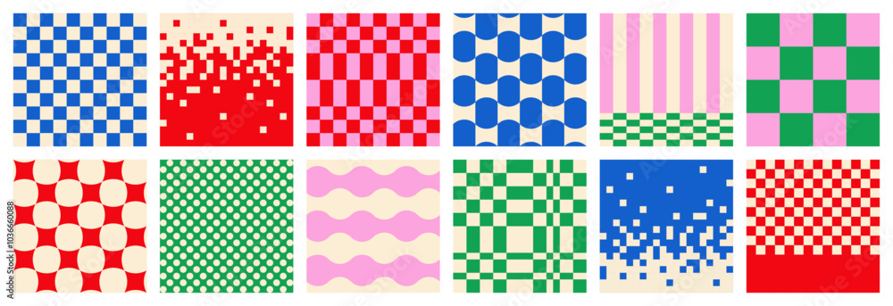 Big set of abstract modern seamless multicolored checkered, vertical and horizontal striped patterns on light background, red, blue and green color, flat style