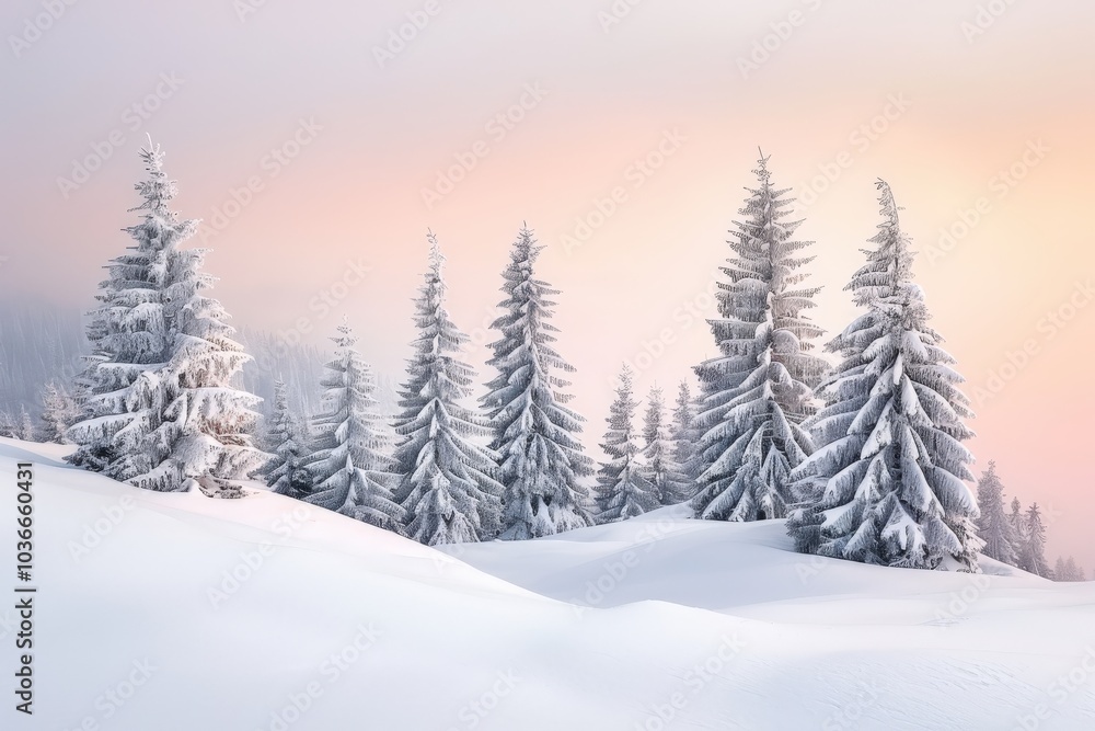 Snow-Covered Pine Trees in a Snowy Mountain Landscape at Sunset Snow-Covered Pine Trees in a Snowy Mountain Landscape at Sunset