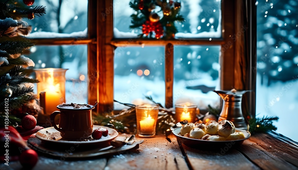 Cozy winter scene with warm drinks and festive decorations captured through a snowy window glow Cozy winter scene with warm drinks and festive decorations captured through a snowy window glow