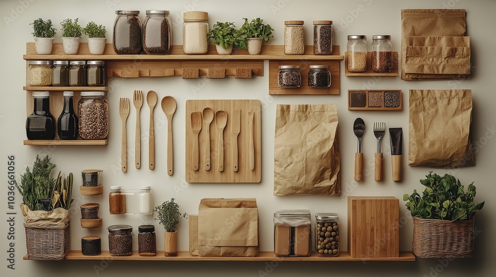 image of a clean white backdrop adorned with eco-conscious items, including bamboo utensils, reble bags, and plant-based products, perfect for eco-friendly marketing campaigns image of a clean white backdrop adorned with eco-conscious items, including bamboo utensils, reble bags, and plant-based products, perfect for eco-friendly marketing campaigns