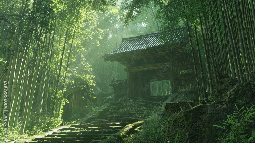 Tranquil Path to Hidden Temple in Ancient Bamboo Forest of Medieval Japan | Serene Landscape with Soft Sunlight and Lush Greenery Tranquil Path to Hidden Temple in Ancient Bamboo Forest of Medieval Japan | Serene Landscape with Soft Sunlight and Lush Greenery