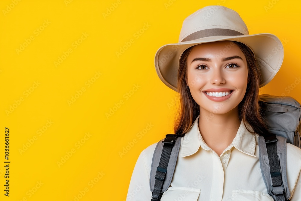 A cheerful traveler in a stylish hat ready for adventure against a vibrant backdrop. Generative AI A cheerful traveler in a stylish hat ready for adventure against a vibrant backdrop. Generative AI