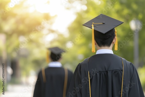 University graduation, outdoor ceremony, graduates walking towards stage photo