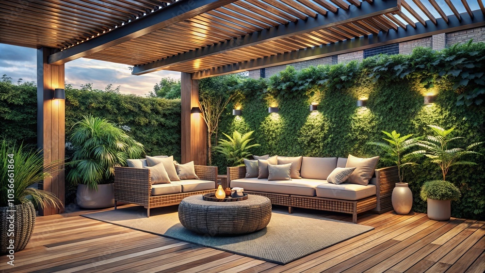 Fototapeta premium A relaxing patio with warm lighting, woven furniture, and lush greenery surrounding a wooden deck.