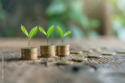 Three Saplings Growing From Stacks of Coins photo