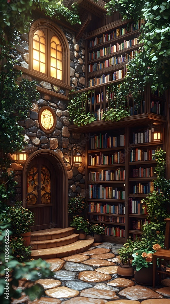 A cozy stone courtyard filled with lush greenery and bookshelves, creating a serene reading nook illuminated by soft warm lights in a charming setting. A cozy stone courtyard filled with lush greenery and bookshelves, creating a serene reading nook illuminated by soft warm lights in a charming setting.