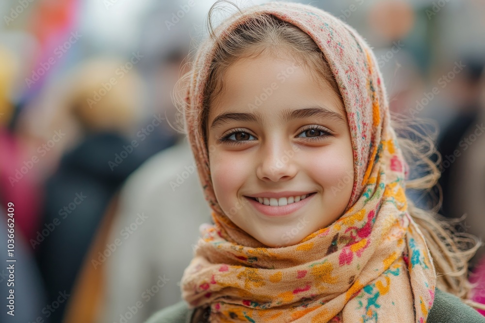 Cheerful Muslim girl smiling at the camera at a protest, Generative AI Cheerful Muslim girl smiling at the camera at a protest, Generative AI