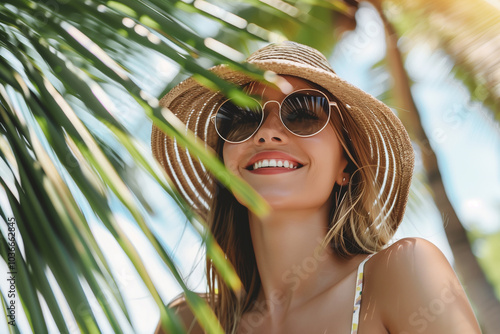 Woman with long hair, sunglasses, straw hat and white top smiling and enjoying sund under palm tree leaves, summer vacation holiday concept photo