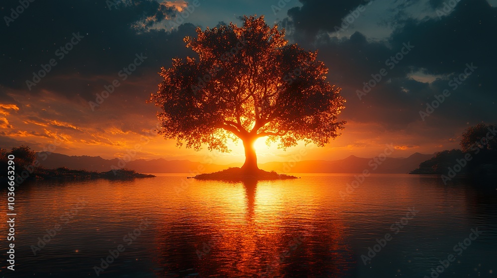 Sunset-Filled Tree: A Silhouetted Silhouette of a Tree Against a Vivid Sunset Sky Sunset-Filled Tree: A Silhouetted Silhouette of a Tree Against a Vivid Sunset Sky