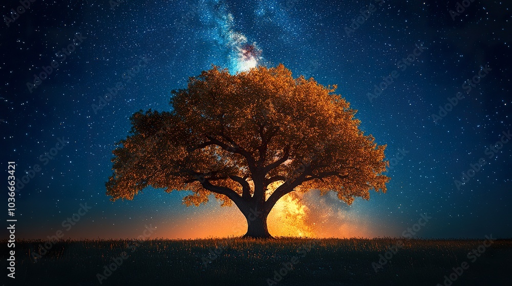 Milky Way Galaxy Reflecting in a Tree - A Mesmerizing Night Sky Display Milky Way Galaxy Reflecting in a Tree - A Mesmerizing Night Sky Display