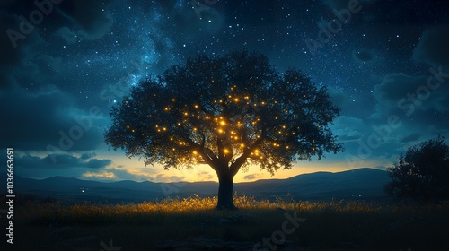 A Tree Reflecting the Night Sky: A Captivating Image of a Tree Silhouetted Against a Starry Night, Ideal for Use in Astronomy, Nature, and Fantasy-Themed Designs