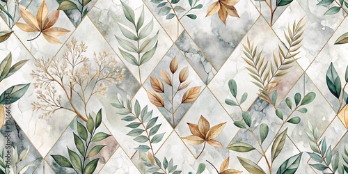 A seamless pattern of delicate leaves and branches arranged in a geometric pattern on a marbled background.
