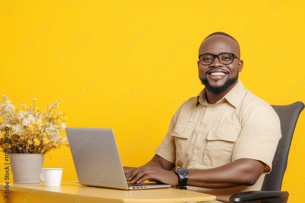 A cheerful young man typing on a laptop in a bright yellow workspace during the day. Generative AI A cheerful young man typing on a laptop in a bright yellow workspace during the day. Generative AI