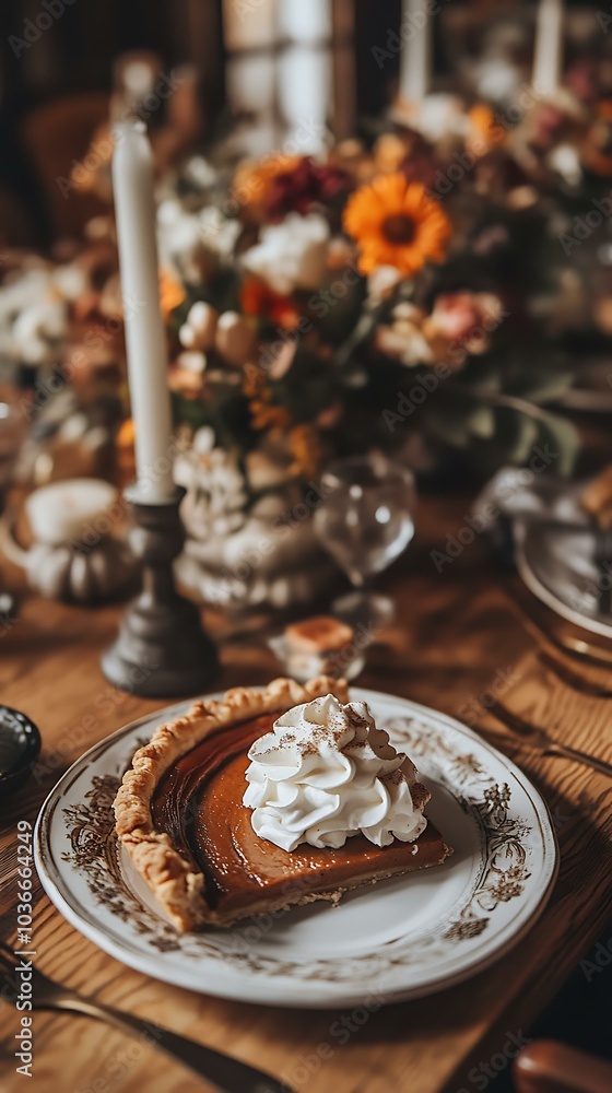 Fototapeta premium 8. A serving of freshly baked pumpkin pie with whipped cream, placed on a Thanksgiving dinner table