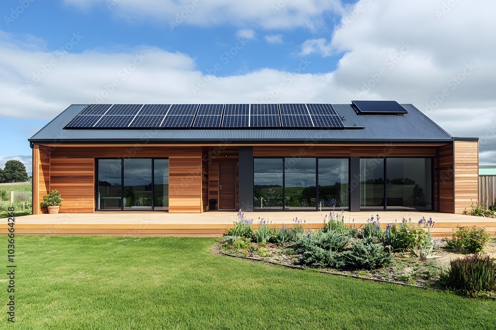 Modern wooden house with solar panels on the roof