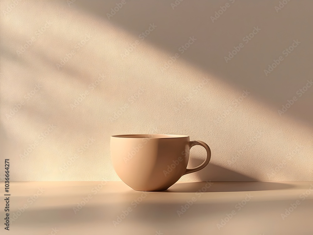 A minimalistic beige ceramic cup sits elegantly on a smooth surface, bathed in soft sunlight, casting gentle shadows on the wall behind it. A minimalistic beige ceramic cup sits elegantly on a smooth surface, bathed in soft sunlight, casting gentle shadows on the wall behind it.
