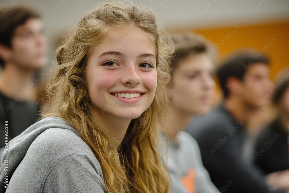 Students smiling in a high school lecture, Generative AI Students smiling in a high school lecture, Generative AI