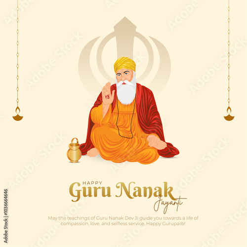 Happy Guru Nanak Jayanti Post and Greeting Card. Celebrating Birthday of Guru Nanak Dev Ji Banner Vector Illustration