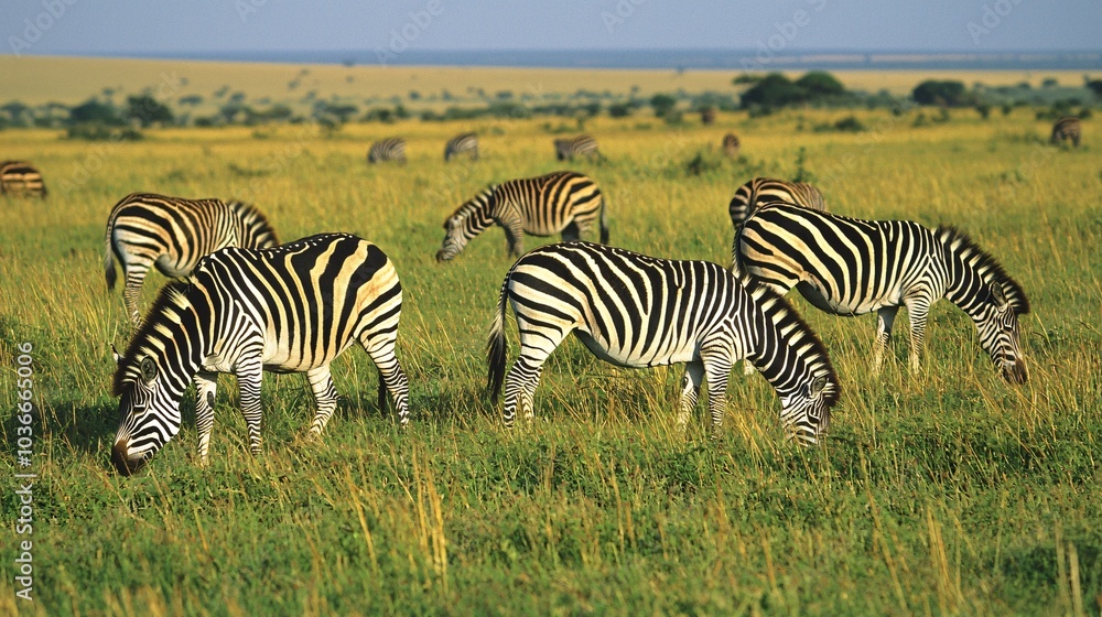 Herd of zebras grazing in the open plains, their black and white stripes standing out against the green grass Herd of zebras grazing in the open plains, their black and white stripes standing out against the green grass