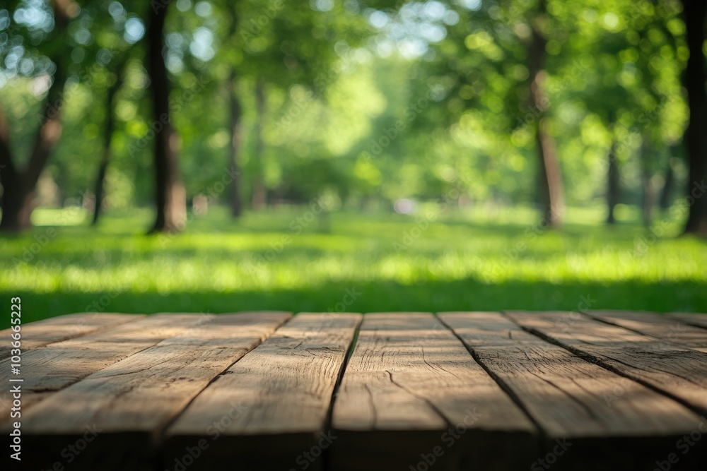 Fototapeta premium Wooden Tabletop with Blurry Green Forest Background