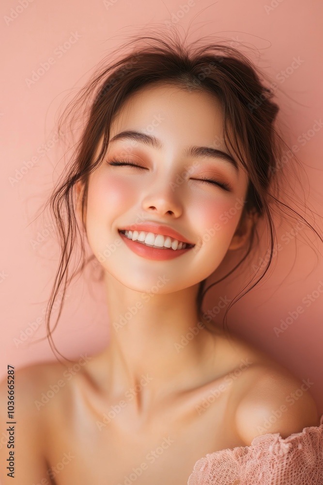 Happy young asian model with perfect skin, Generative AI Happy young asian model with perfect skin, Generative AI