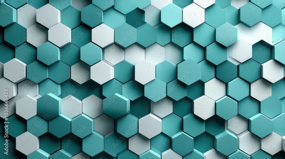 This image features a modern hexagonal pattern composed of teal and white hexagons creating a visually intriguing and textured background. This image features a modern hexagonal pattern composed of teal and white hexagons creating a visually intriguing and textured background.