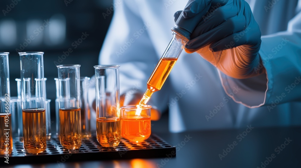 A scientist holds a pipette, transferring an orange liquid into a glass container, surrounded by test tubes filled with similar liquids in a laboratory setting. A scientist holds a pipette, transferring an orange liquid into a glass container, surrounded by test tubes filled with similar liquids in a laboratory setting.