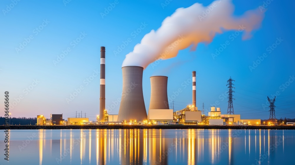 A power plant with cooling towers emits steam, set against a twilight sky, reflected in calm water. A power plant with cooling towers emits steam, set against a twilight sky, reflected in calm water.