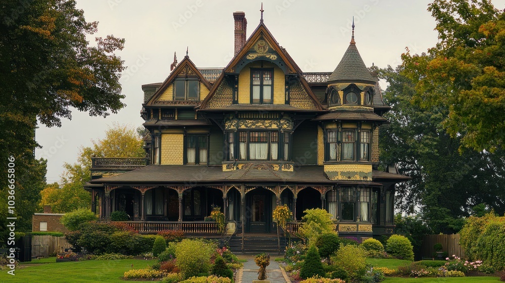 Fototapeta premium A grand Victorian-style mansion with intricate details and lush gardens.