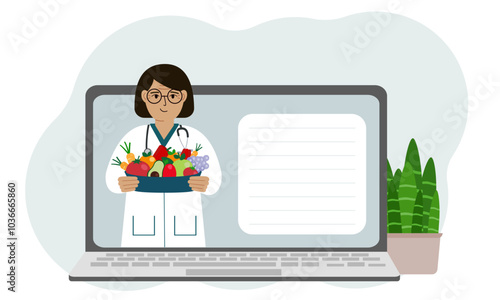 Online video or consultation of a female doctor on a laptop. Dietitian, nutritionist.