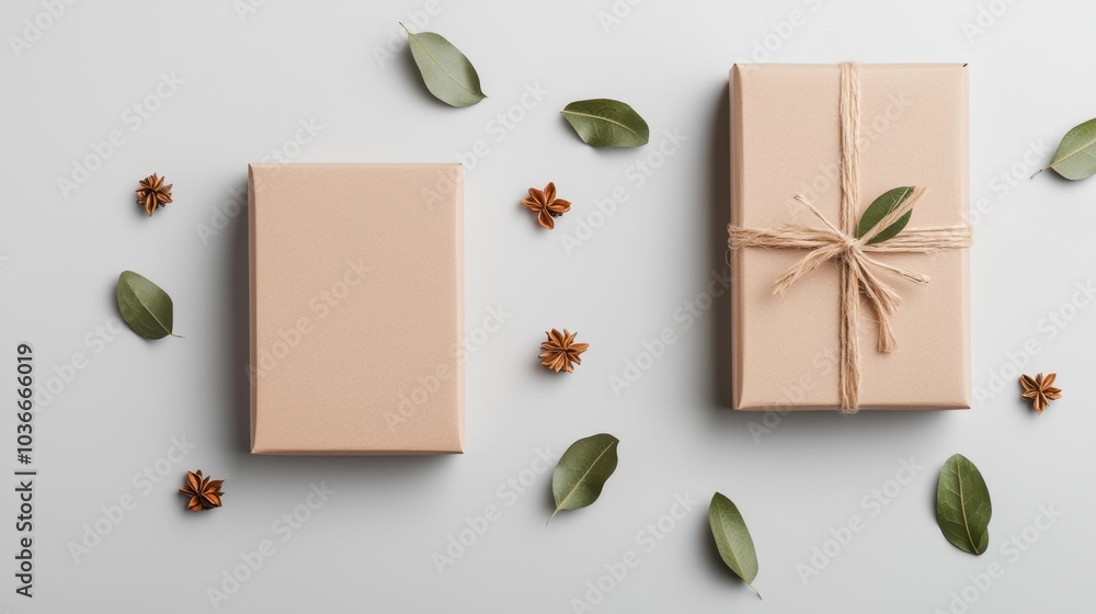 Two wrapped gifts with twine and leaves surrounded by dried flowers arranged on a neutral background Two wrapped gifts with twine and leaves surrounded by dried flowers arranged on a neutral background
