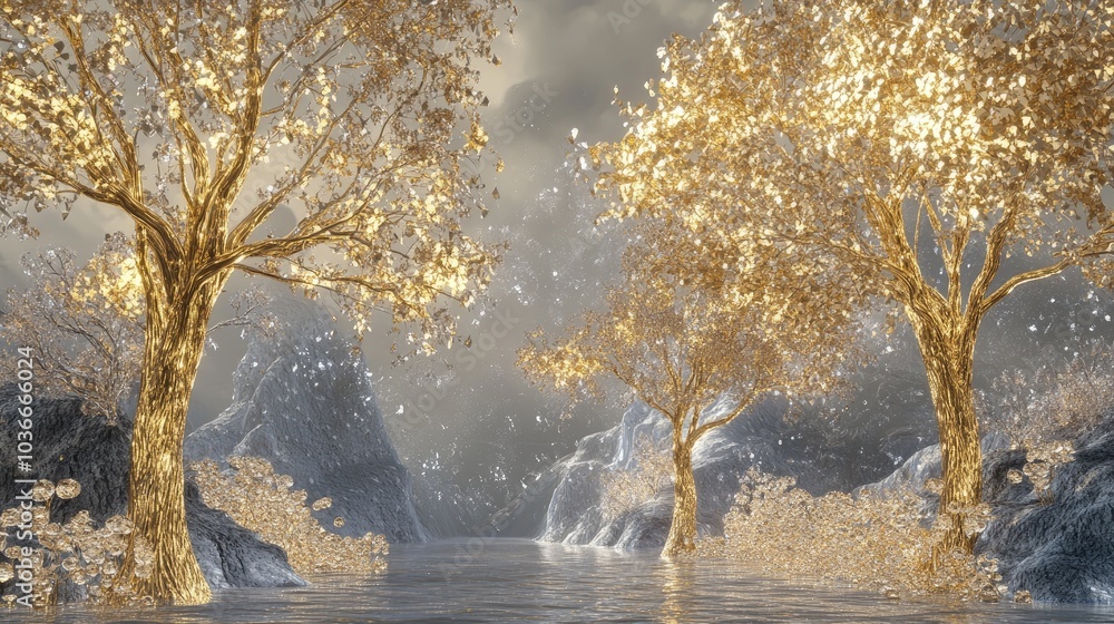 Elegant golden and silver trees with glowing leaves of gold and silver, standing tall in a luxurious fairytale landscape adorned with gems and diamonds Elegant golden and silver trees with glowing leaves of gold and silver, standing tall in a luxurious fairytale landscape adorned with gems and diamonds