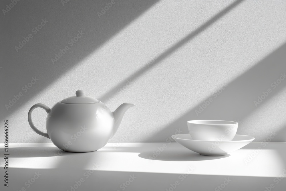 A delicate tea kettle and cup are placed softly on a table, illuminated by gentle natural light streaming in during the afternoon. Generative AI A delicate tea kettle and cup are placed softly on a table, illuminated by gentle natural light streaming in during the afternoon. Generative AI