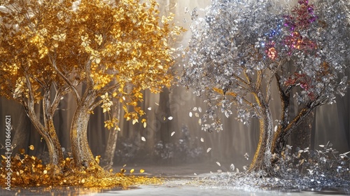 A luxurious fairytale setting with golden and silver trees, their leaves glowing and shimmering, adorned with diamonds and colorful jewels photo