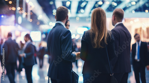 Business professionals networking at a trade show event