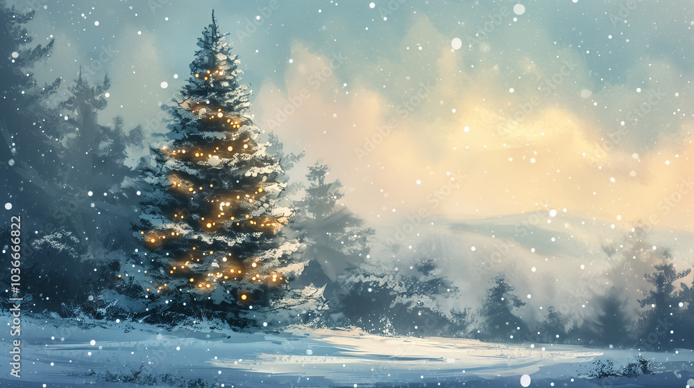 Snowy Christmas tree with lights in winter landscape at sunset Snowy Christmas tree with lights in winter landscape at sunset