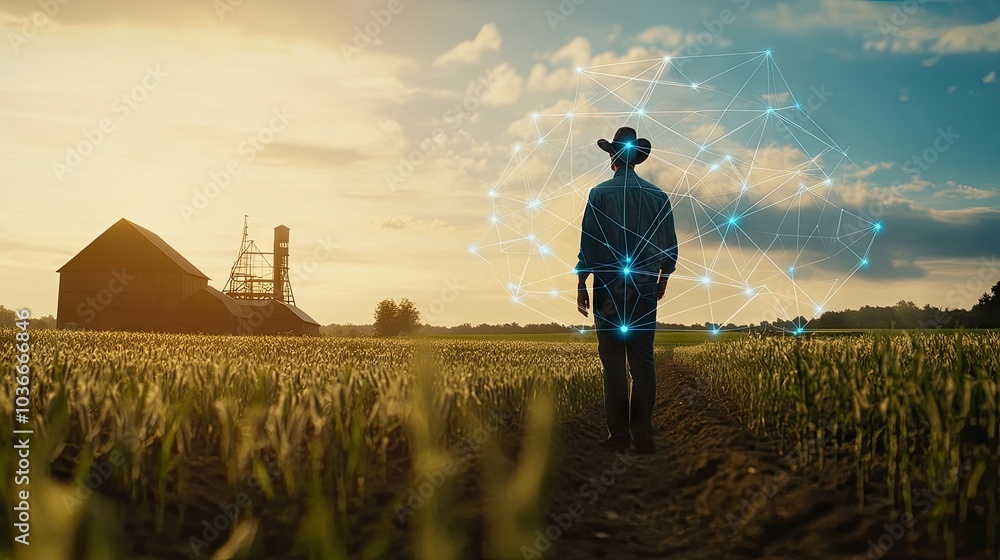 Fototapeta premium Farmer Walking in Field at Sunset