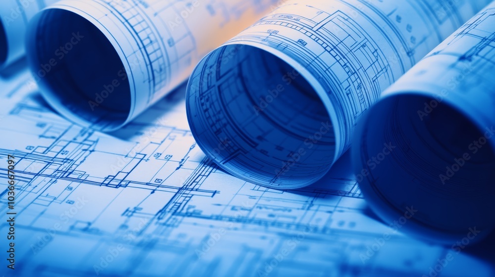 Rolled architectural blueprints with intricate designs in a blue tone. Rolled architectural blueprints with intricate designs in a blue tone.