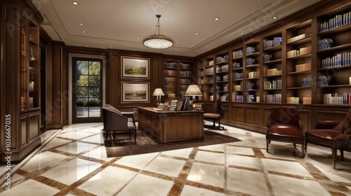 Elegant Modern Office with Bookshelves and Desk