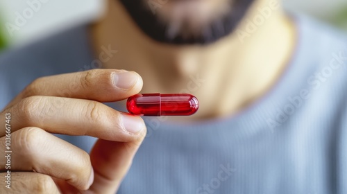 A close-up of a man holding a red capsule, showcasing a focus on health and wellness.