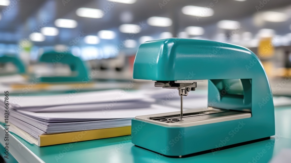 Colorful Stapler on Office Desk with Paper Stack Colorful Stapler on Office Desk with Paper Stack