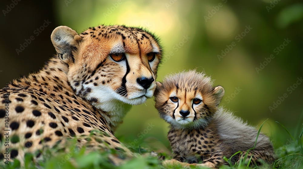 Obraz premium A cheetah cub sitting beside its mother, learning the ways of the wild