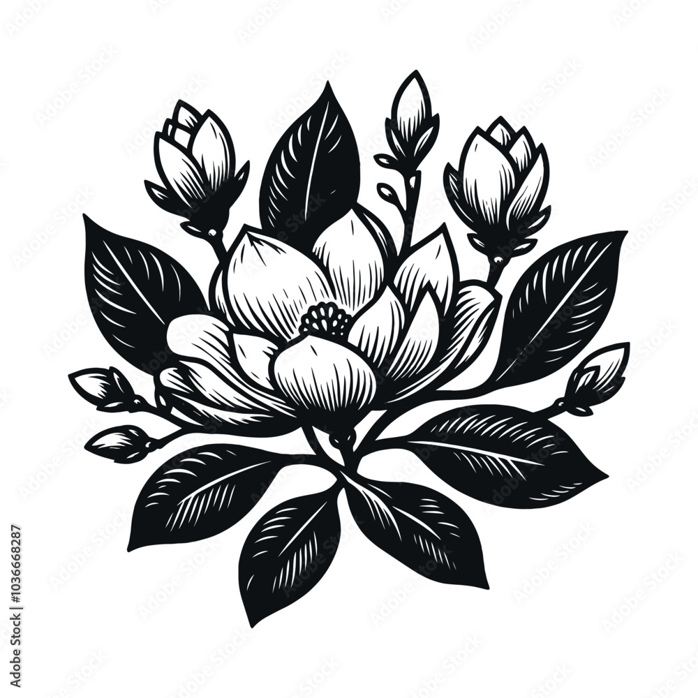 Fototapeta premium Magnolia flower. Blooming branch. Black and white engraving illustration, tattoo sketch, print, ink, cut out