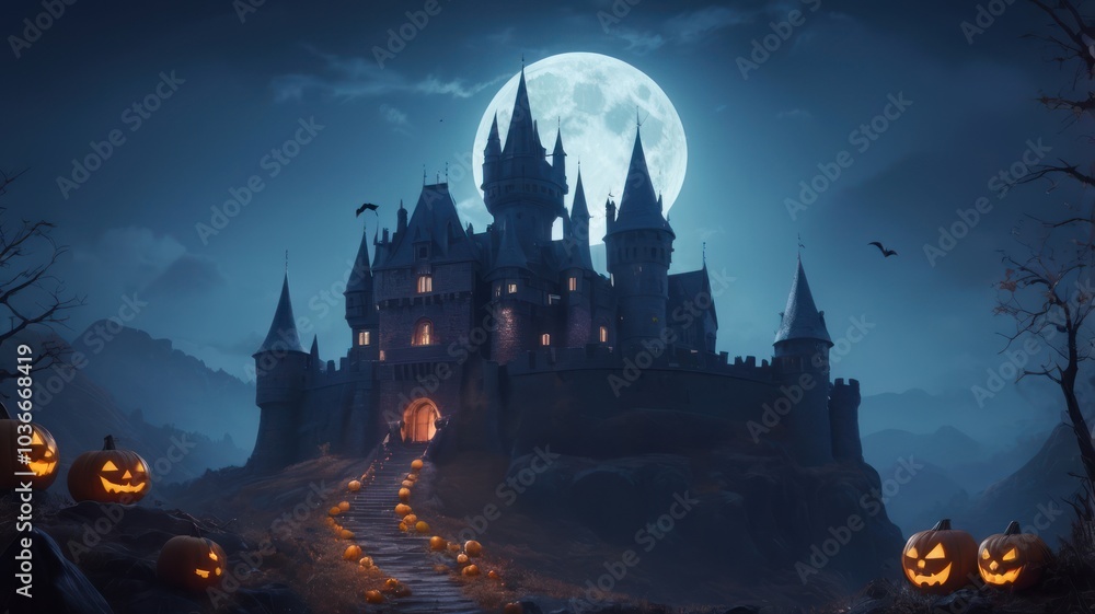 A spooky Halloween castle with jack-o-lantern pumpkins in the foreground and a full moon in the background. A spooky Halloween castle with jack-o-lantern pumpkins in the foreground and a full moon in the background.