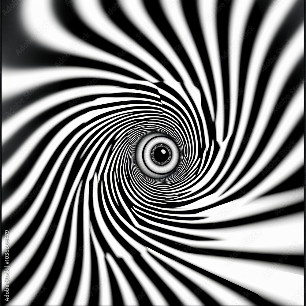 Abstract black and white spiral pattern with a central eye-like figure. Abstract black and white spiral pattern with a central eye-like figure.