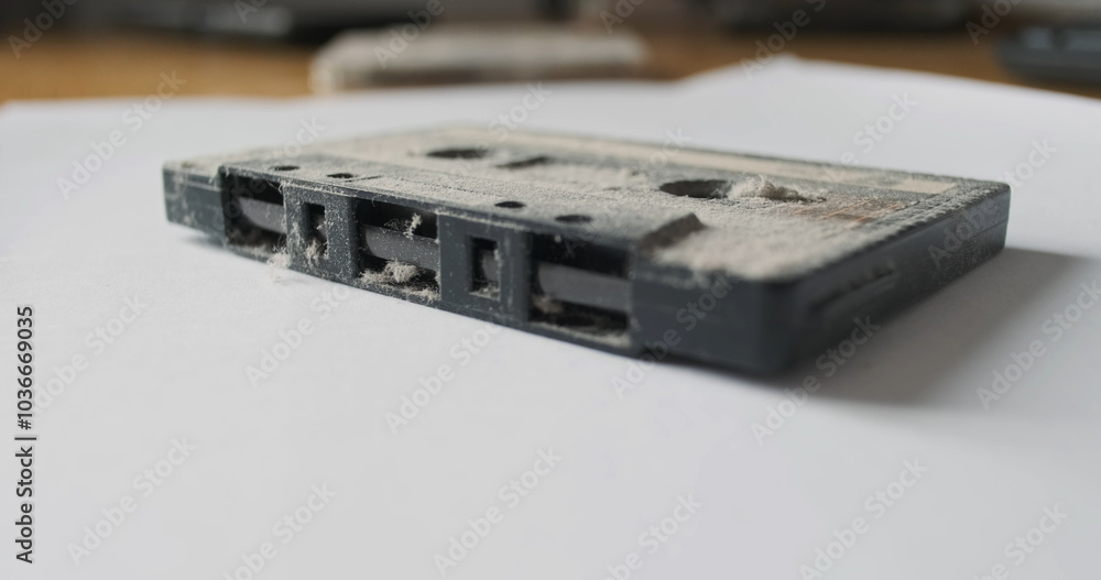 Dusty audio tape lies on the table. Retro audio concept, old music carrier. Dusty audio tape lies on the table. Retro audio concept, old music carrier.