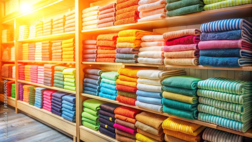 A Vibrant Display of Softness Rows of Neatly Folded Textiles Arranged on Wooden Shelves, Illuminated by Warm Light A Vibrant Display of Softness Rows of Neatly Folded Textiles Arranged on Wooden Shelves, Illuminated by Warm Light