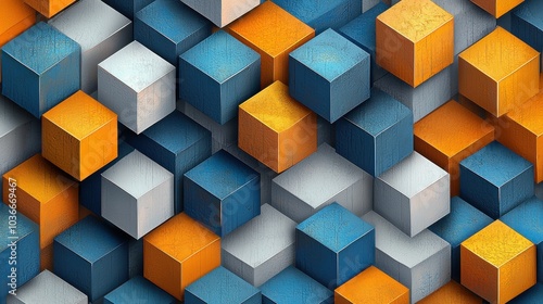 An artistic composition of textured cubes in varying shades of orange, blue, and gray, creating a visually striking and modern design. Ideal for digital displays.